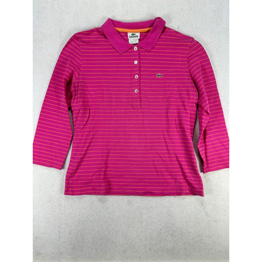 Lacoste Pink Orange Striped 3/4 Sleeve Polo Shirt Women 42 Medium M Cotton
